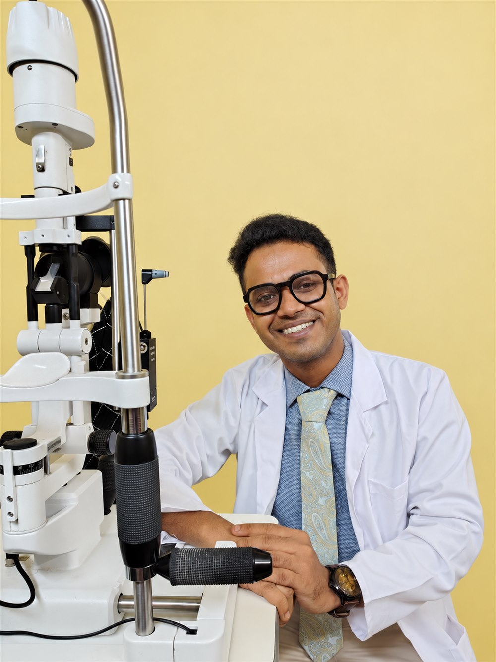 Mr. Suvendu Debnath beside a slit-lamp microscope in a clinical setting.